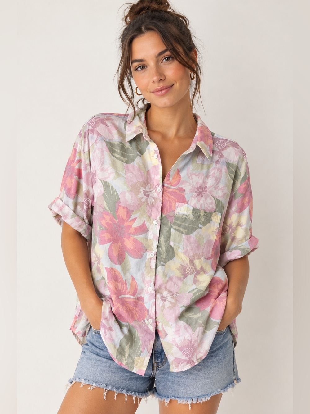 Aerie Hibiscus Pastel Button Down Camp Shirt Oversized Women L Watercolor